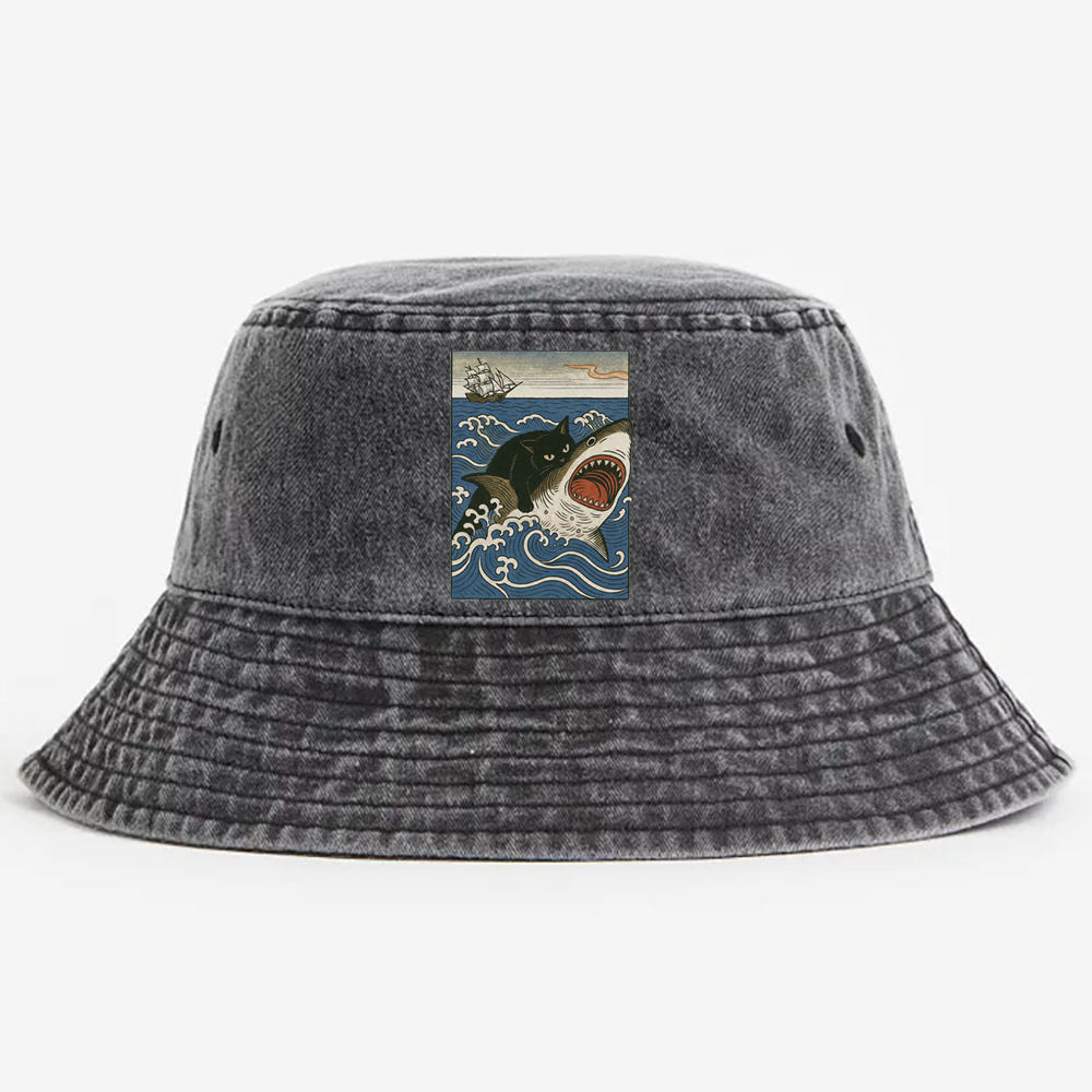 Ukiyo-e Cat Riding Shark Retro Vintage Washed Bucket Hat