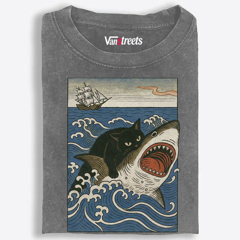 Ukiyo-e Cat Riding Shark Retro Washed T-Shirt | 100% Cotton | Streetwear Essential