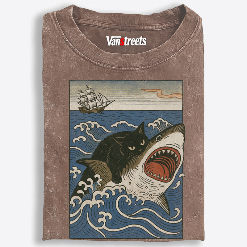 Ukiyo-e Cat Riding Shark Retro Washed T-Shirt | 100% Cotton | Streetwear Essential
