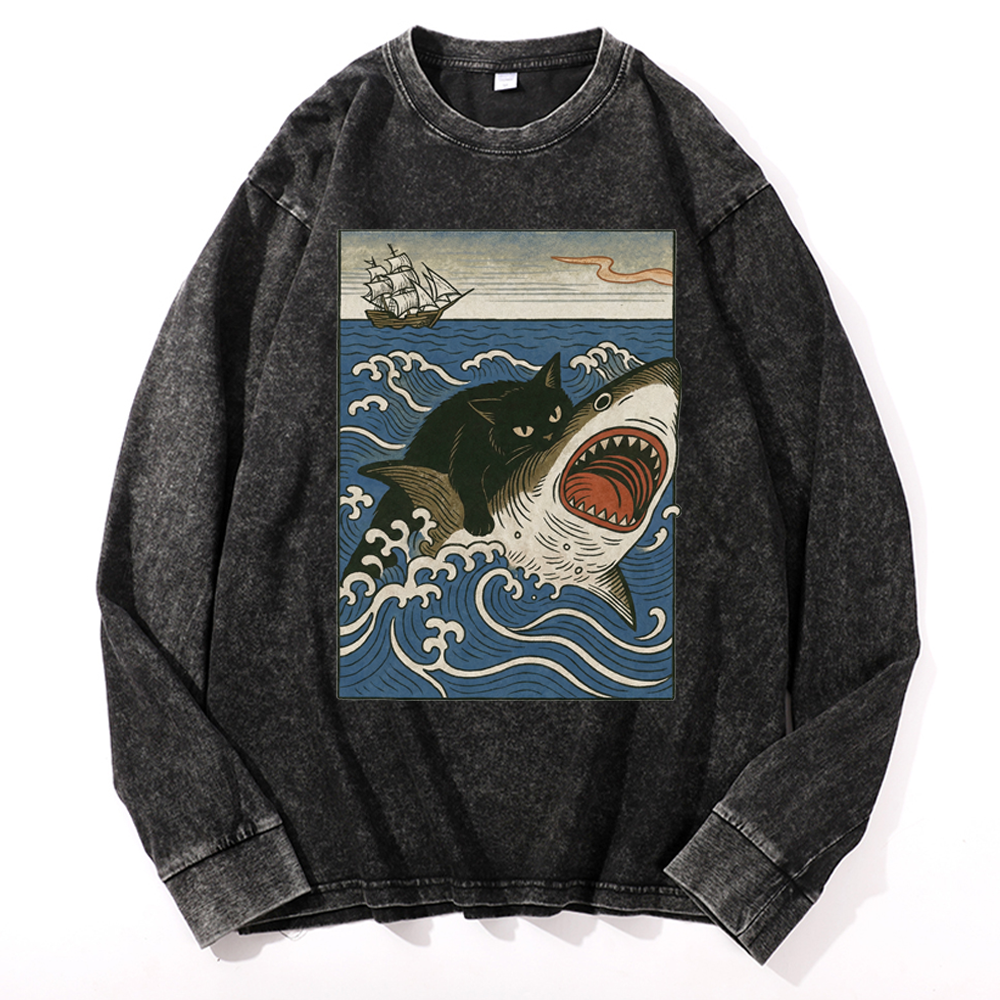Ukiyo-e Cat Riding Shark Retro Washed Long Sleeve T-Shirt