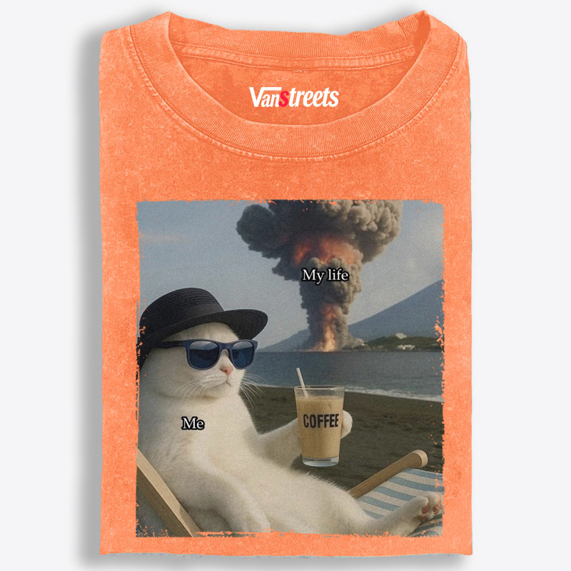 Volcano Coffee Cat "Me vs My Life" Meme Retro Washed T-Shirt | 100% Cotton | Streetwear Essential