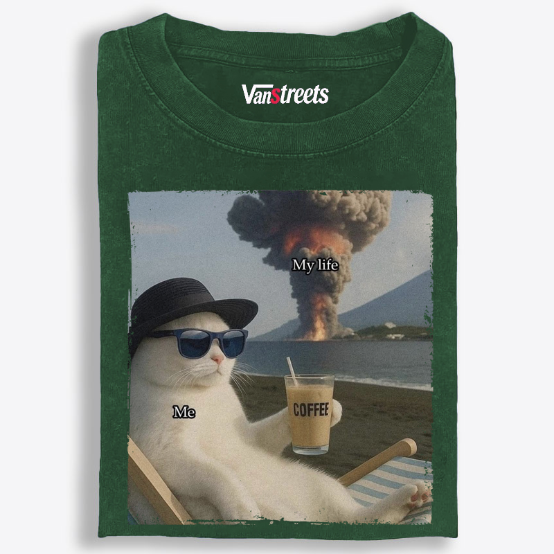 Volcano Coffee Cat "Me vs My Life" Meme Retro Washed T-Shirt | 100% Cotton | Streetwear Essential