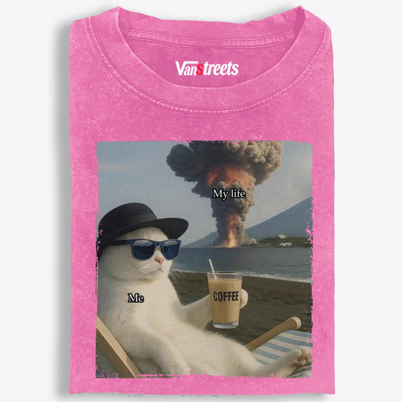Volcano Coffee Cat "Me vs My Life" Meme Retro Washed T-Shirt | 100% Cotton | Streetwear Essential