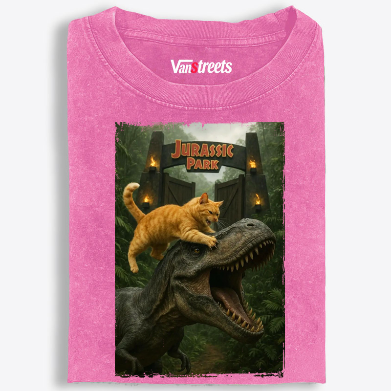 Jurassic Park Cat Parody Retro Washed T-Shirt | 100% Cotton | Streetwear Essential