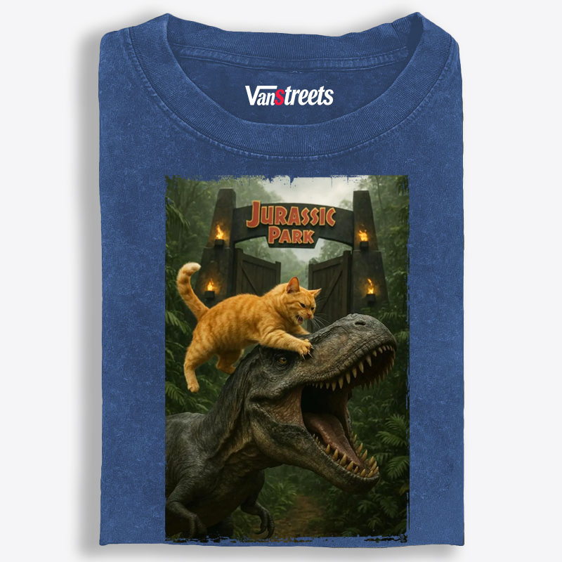 Jurassic Park Cat Parody Retro Washed T-Shirt | 100% Cotton | Streetwear Essential