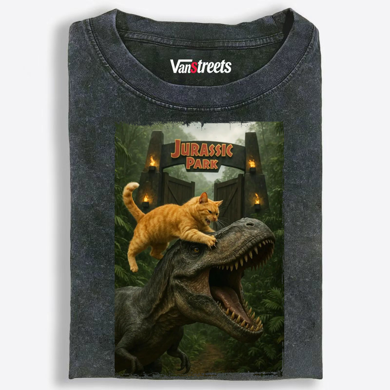 Jurassic Park Cat Parody Retro Washed T-Shirt | 100% Cotton | Streetwear Essential