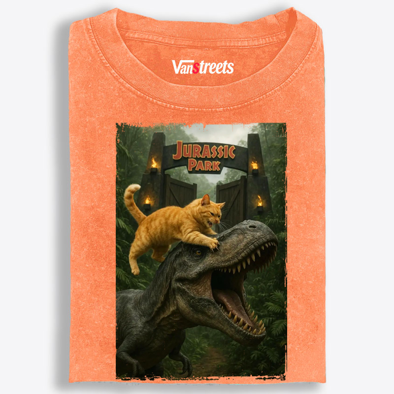 Jurassic Park Cat Parody Retro Washed T-Shirt | 100% Cotton | Streetwear Essential