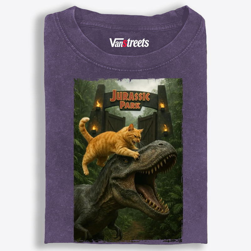 Jurassic Park Cat Parody Retro Washed T-Shirt | 100% Cotton | Streetwear Essential