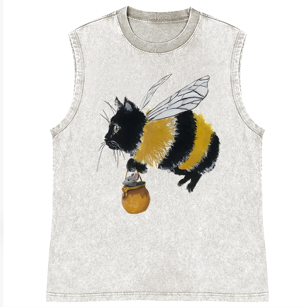 Bee Cat Catching Mouse Retro Washed Tank Top