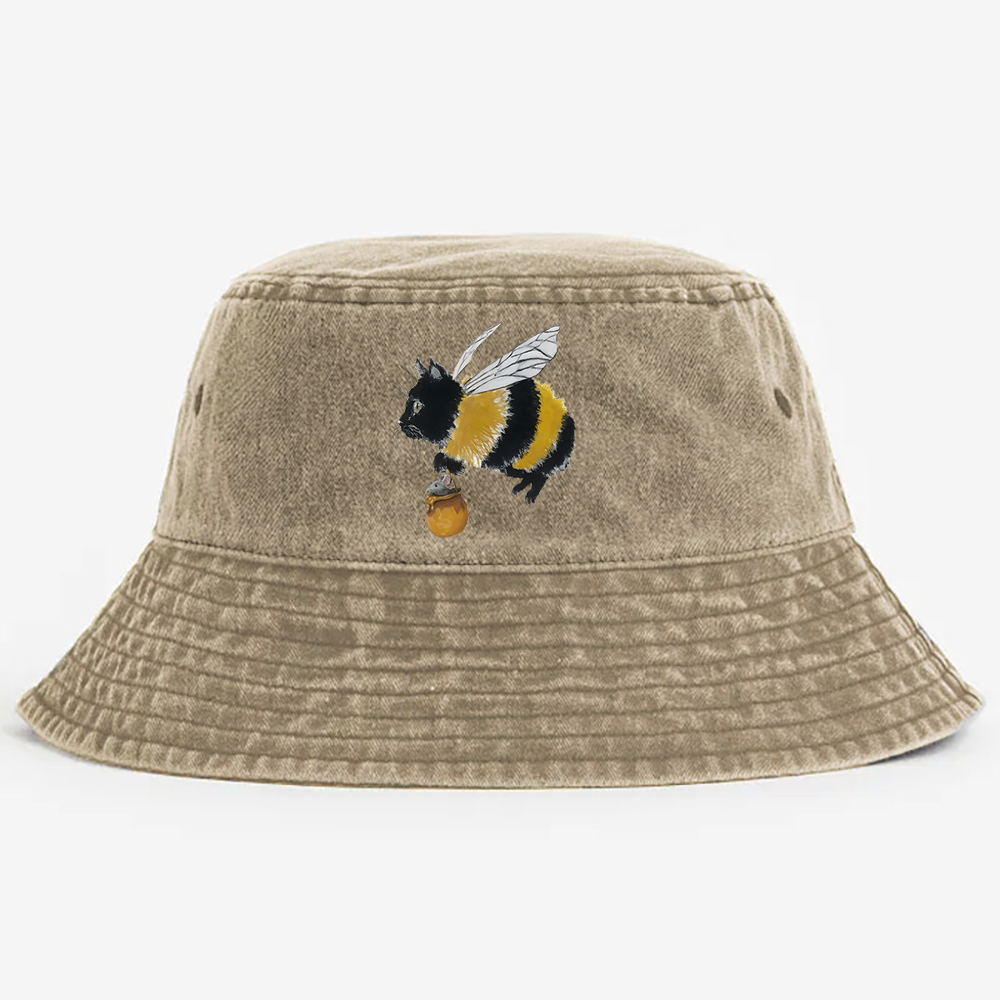 Bee Cat Catching Mouse Retro Vintage Washed Bucket Hat