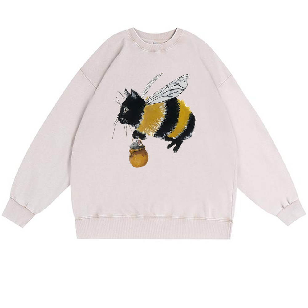Bee Cat Catching Mouse Retro Premium Washed Cotton Crewneck Sweatshirt