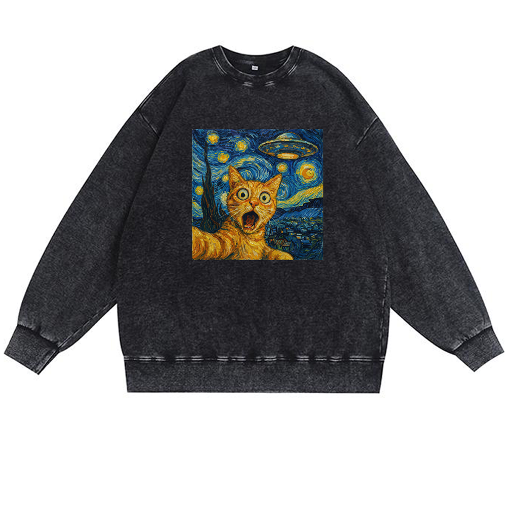 Cat in Starry Night with UFO Meme Retro Premium Washed Cotton Crewneck Sweatshirt