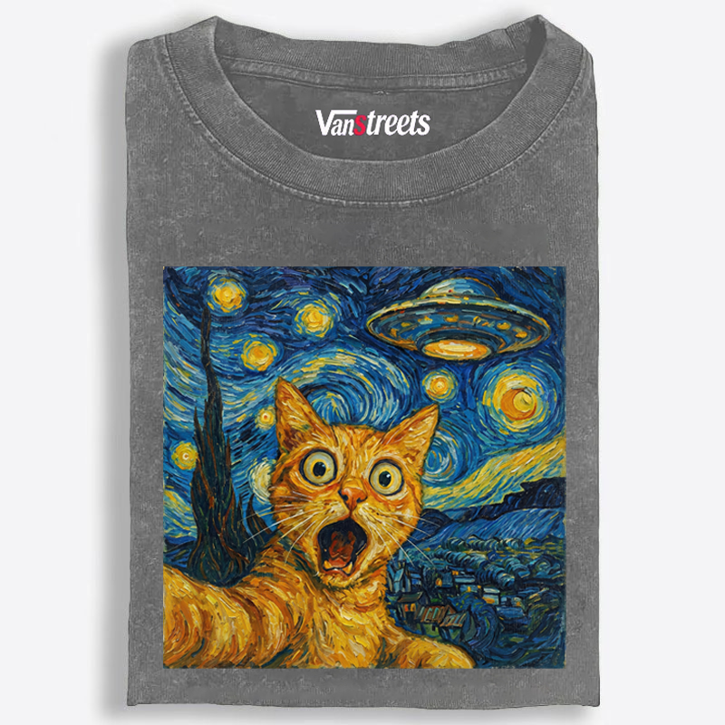 Cat in Starry Night with UFO Meme Retro Washed T-Shirt | 100% Cotton | Streetwear Essential