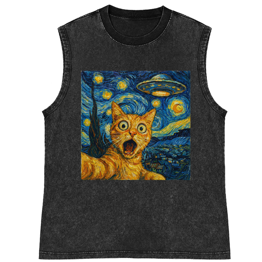 Cat in Starry Night with UFO Meme Retro Washed Tank Top