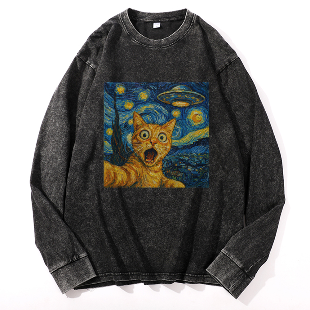 Cat in Starry Night with UFO Meme Retro Washed Long Sleeve T-Shirt