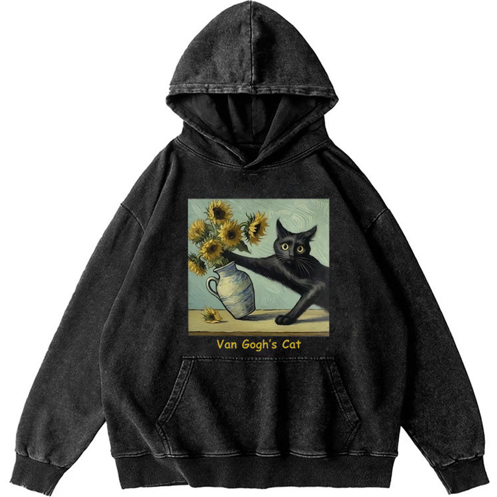 Van Gogh's Cat with Sunflowers Retro Washed Hoodide