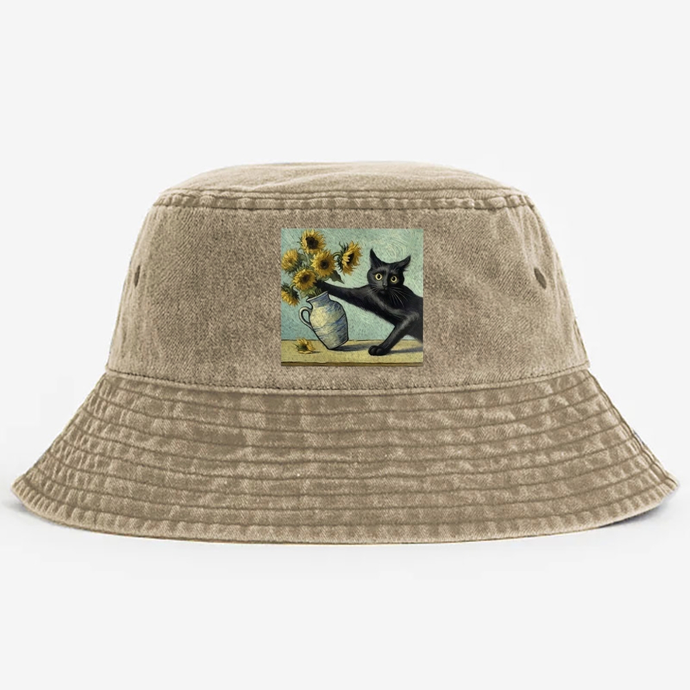 Van Gogh's Cat with Sunflowers Retro Vintage Washed Bucket Hat