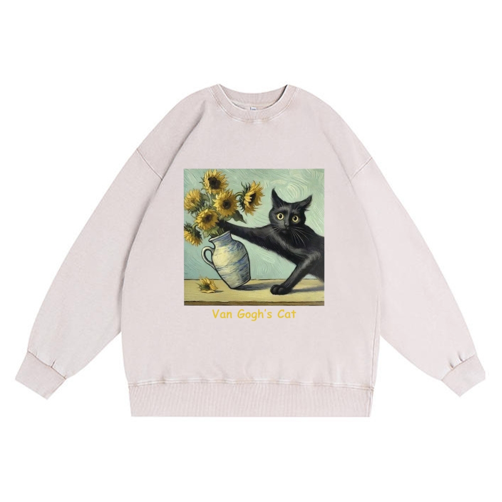 Van Gogh's Cat with Sunflowers Retro Premium Washed Cotton Crewneck Sweatshirt