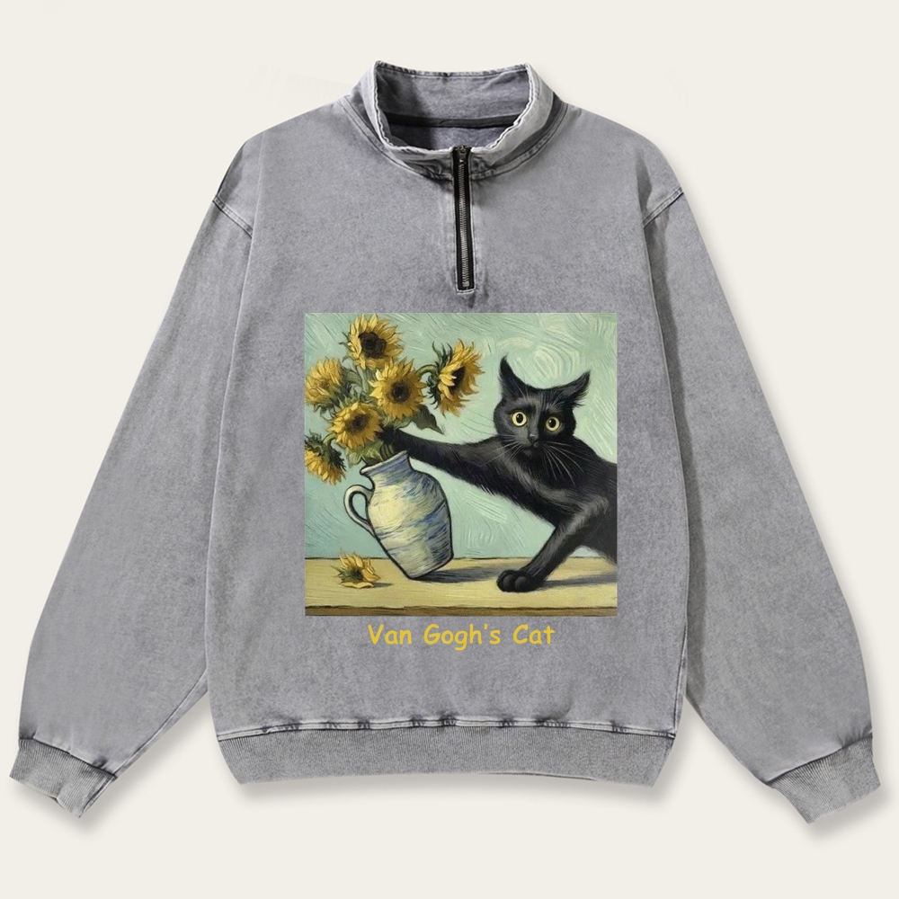Van Gogh's Cat with Sunflowers Retro Washed Zip-Up Mock Neck Sweatshirt