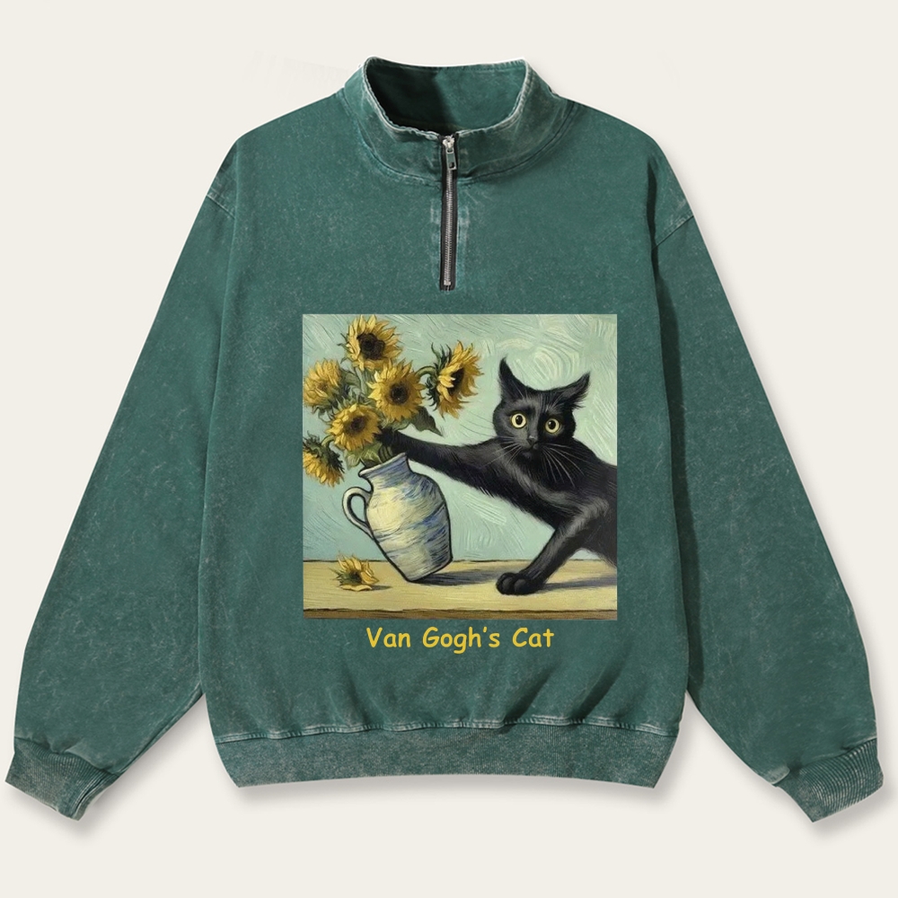 Van Gogh's Cat with Sunflowers Retro Washed Zip-Up Mock Neck Sweatshirt