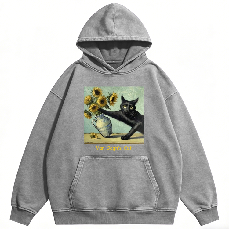 Van Gogh's Sunflowers Black Cat Retro Washed Hoodide | 100% Cotton | Streetwear Essential