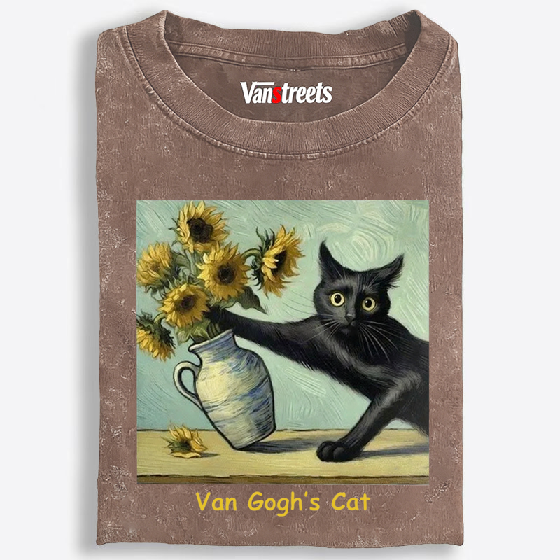 Van Gogh's Cat with Sunflowers Retro Washed T-Shirt | 100% Cotton | Streetwear Essential
