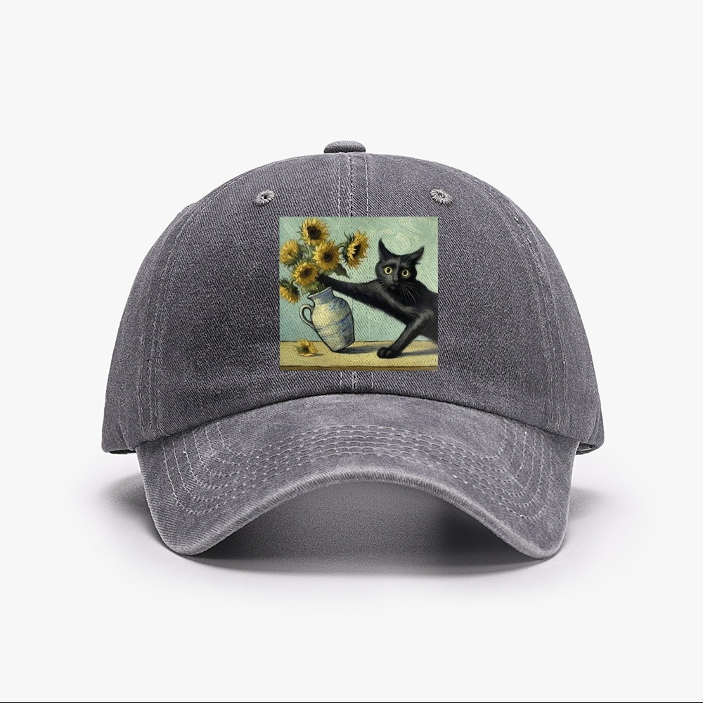 Van Gogh's Cat with Sunflowers Retro Washed Baseball Cap
