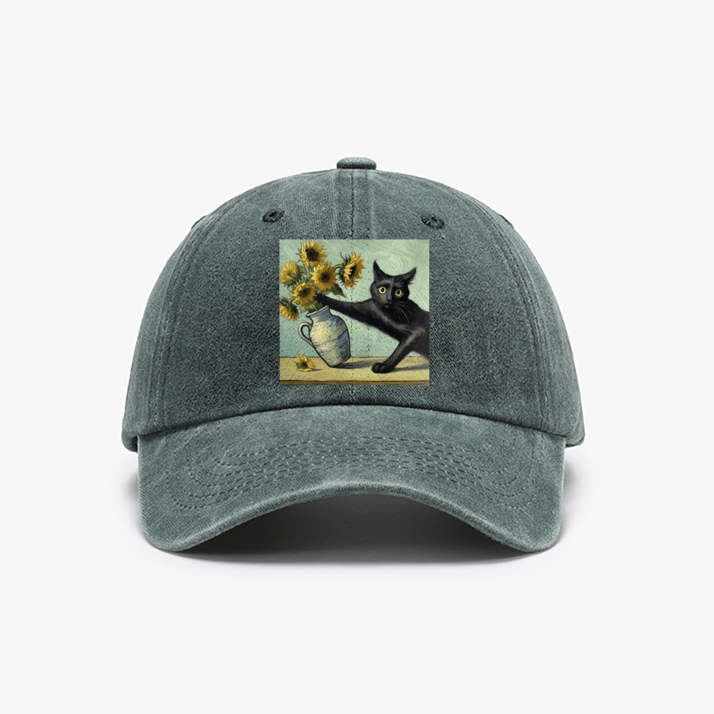 Van Gogh's Cat with Sunflowers Retro Washed Baseball Cap