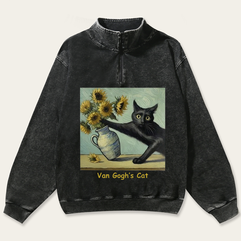 Van Gogh's Cat with Sunflowers Retro Washed Zip-Up Mock Neck Sweatshirt
