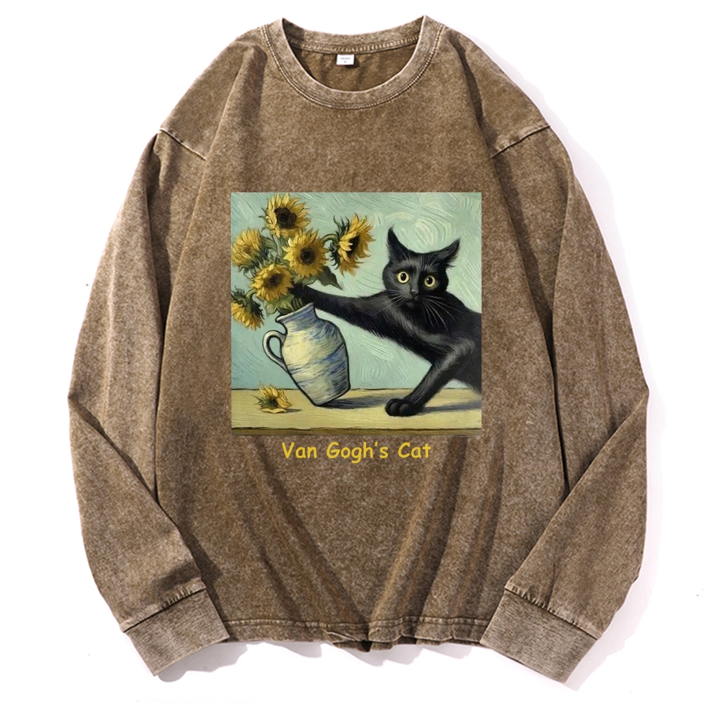 Van Gogh's Cat with Sunflowers Retro Washed Long Sleeve T-Shirt