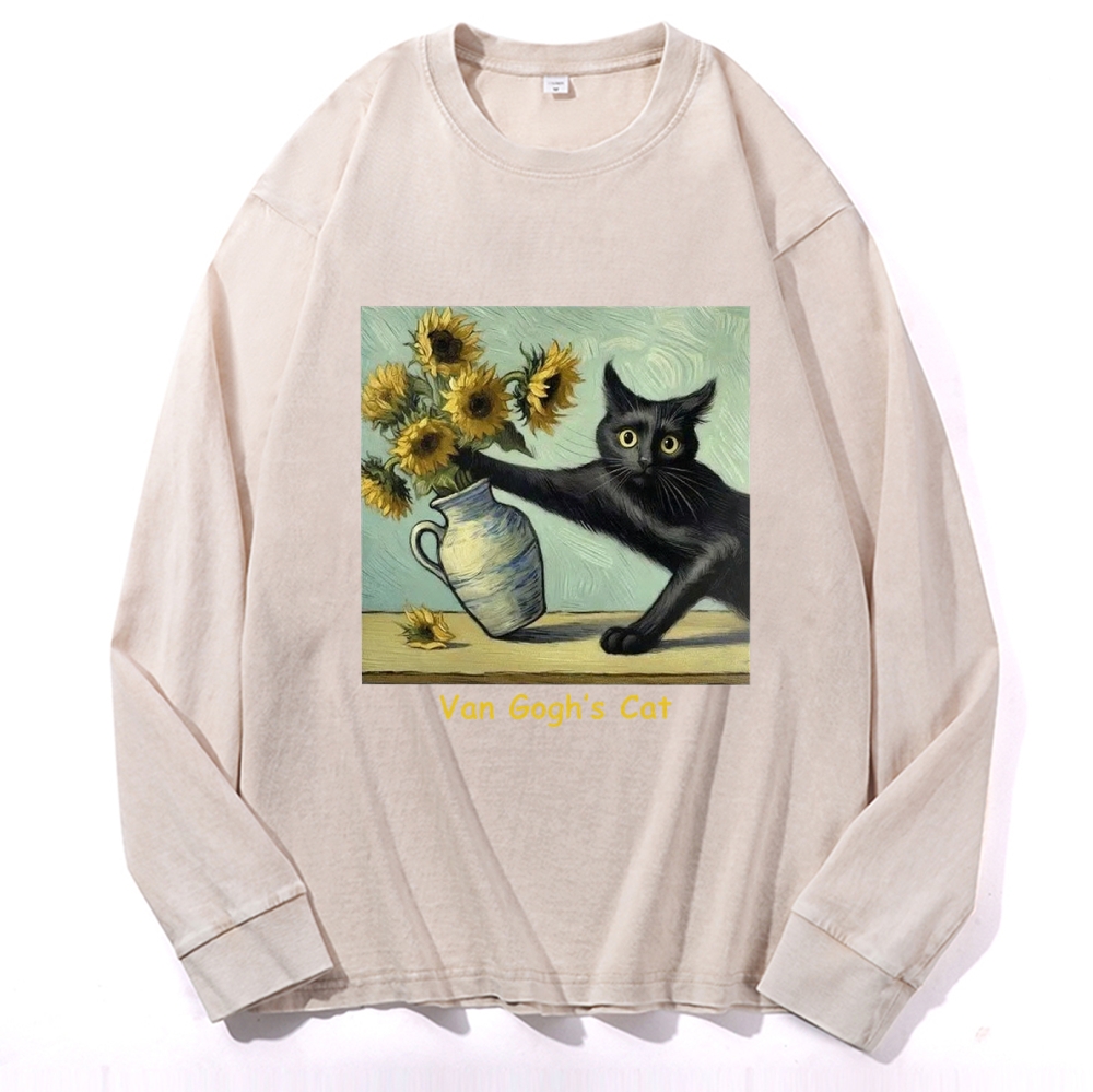 Van Gogh's Cat with Sunflowers Retro Washed Long Sleeve T-Shirt