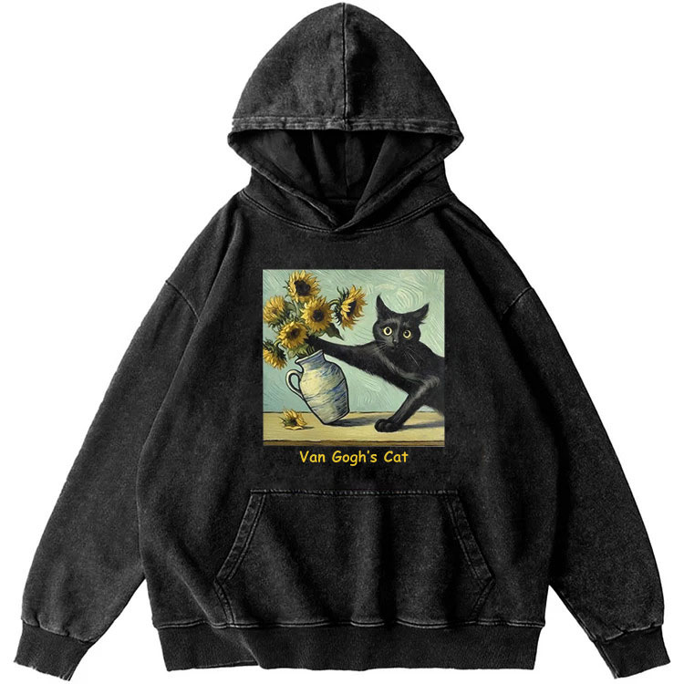 Van Gogh's Sunflowers Black Cat Retro Washed Hoodide | 100% Cotton | Streetwear Essential
