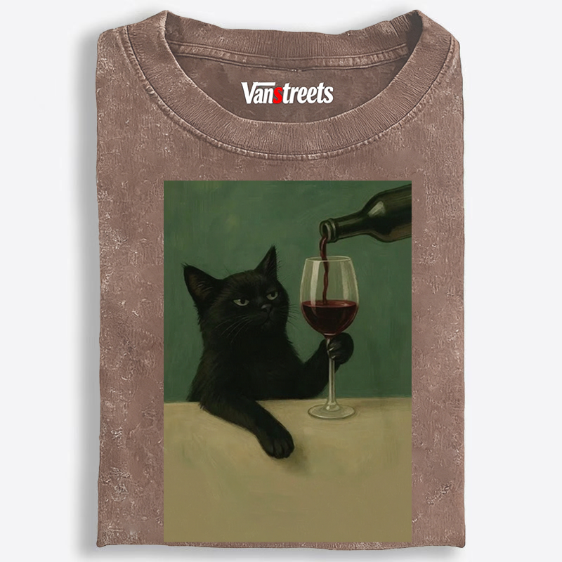 Black Cat with Wine Retro Washed T-Shirt | 100% Cotton | Streetwear Essential