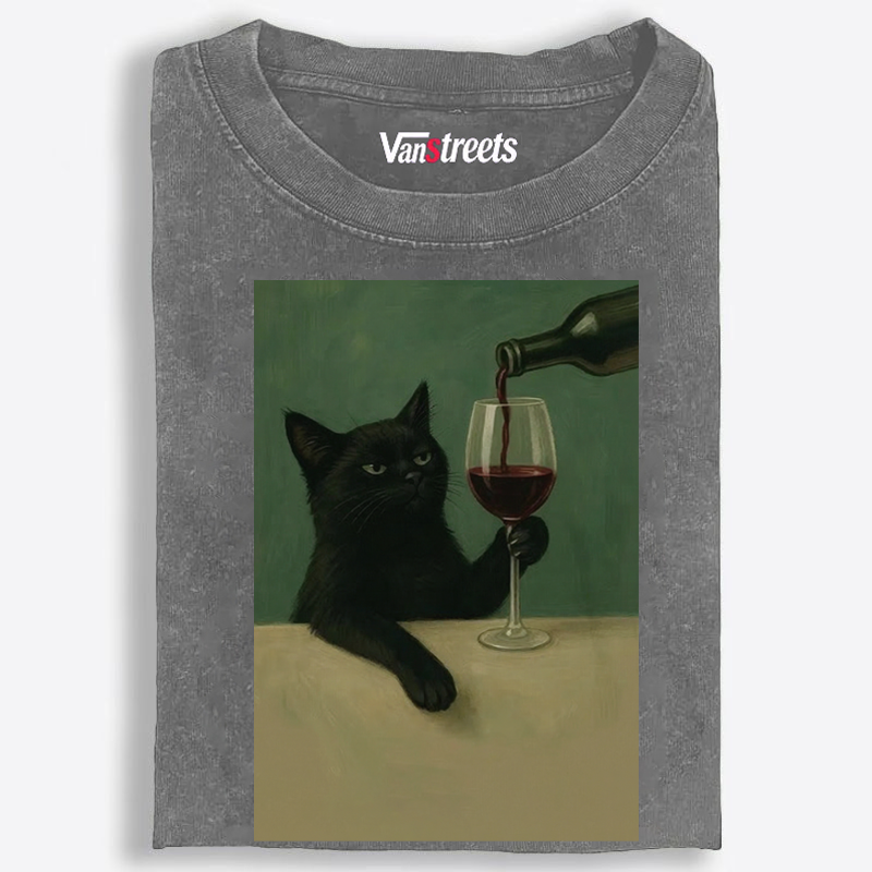 Black Cat with Wine Retro Washed T-Shirt | 100% Cotton | Streetwear Essential
