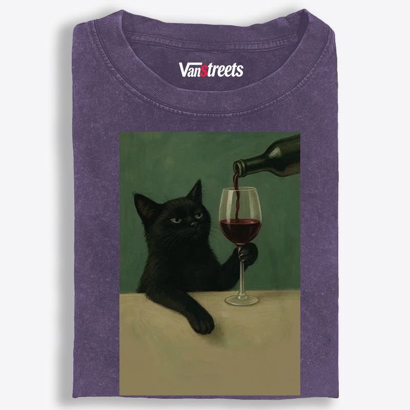 Black Cat with Wine Retro Washed T-Shirt | 100% Cotton | Streetwear Essential