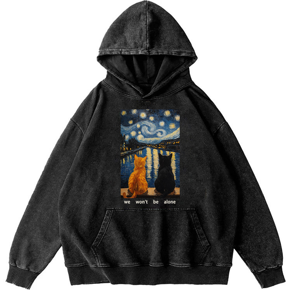 Cats in Starry Night Over the Rhône Retro Washed Hoodie