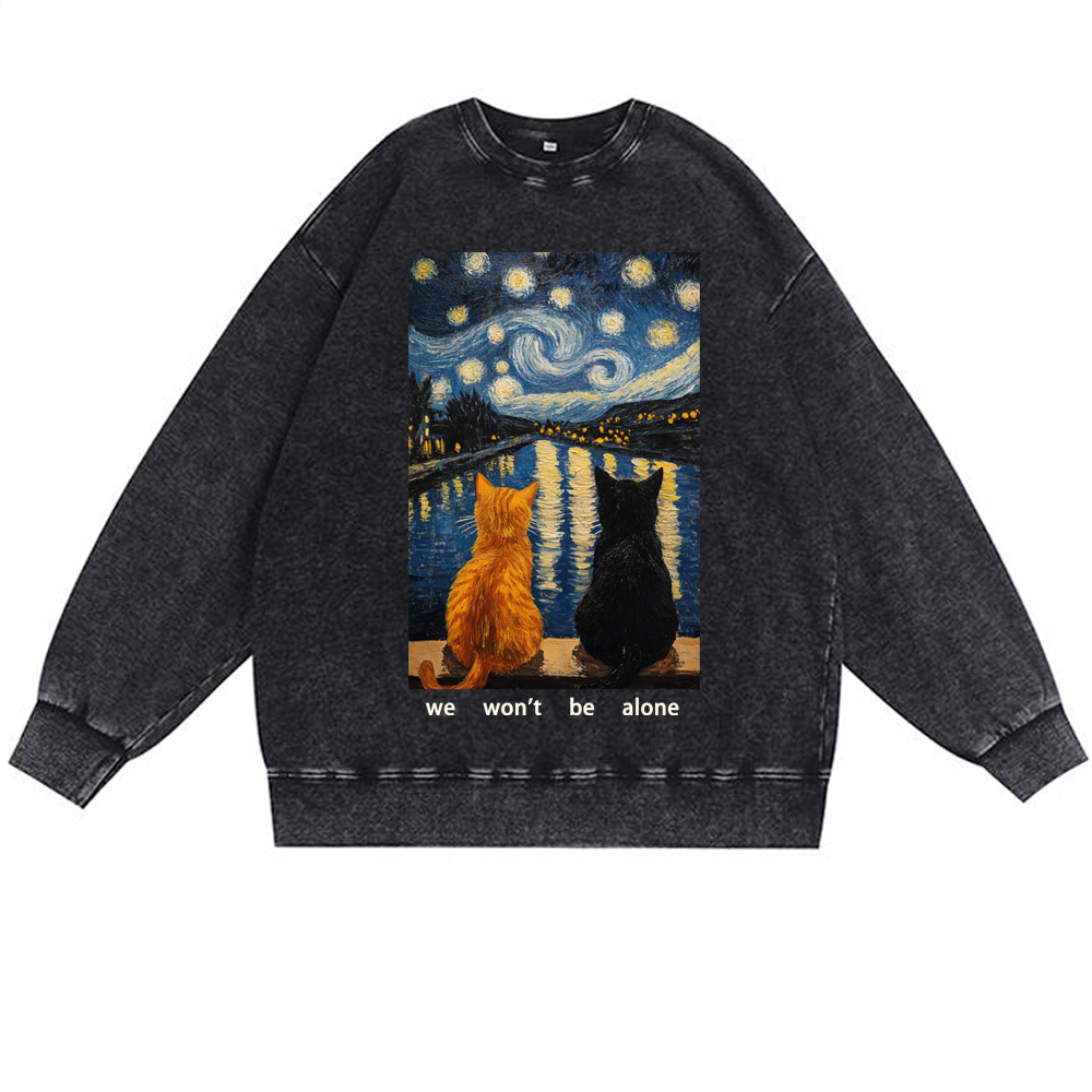 Cats in Starry Night Over the Rhône Retro Premium Washed Cotton Crewneck Sweatshirt
