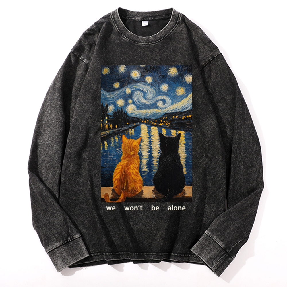Cats in Starry Night Over the Rhône Retro Washed Long Sleeve T-Shirt