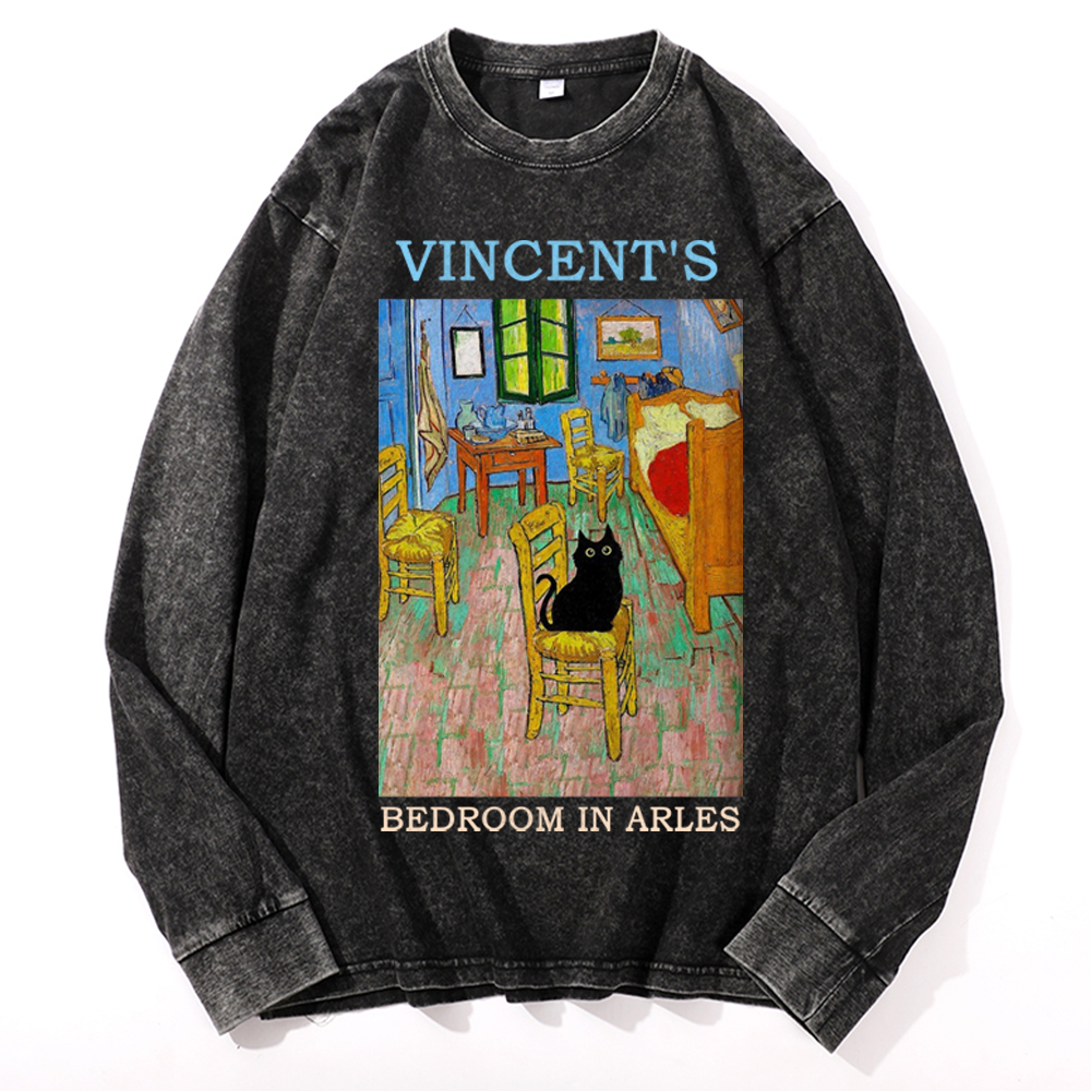 Cat in Van Gogh's Bedroom in Arles Retro Washed Long Sleeve T-Shirt