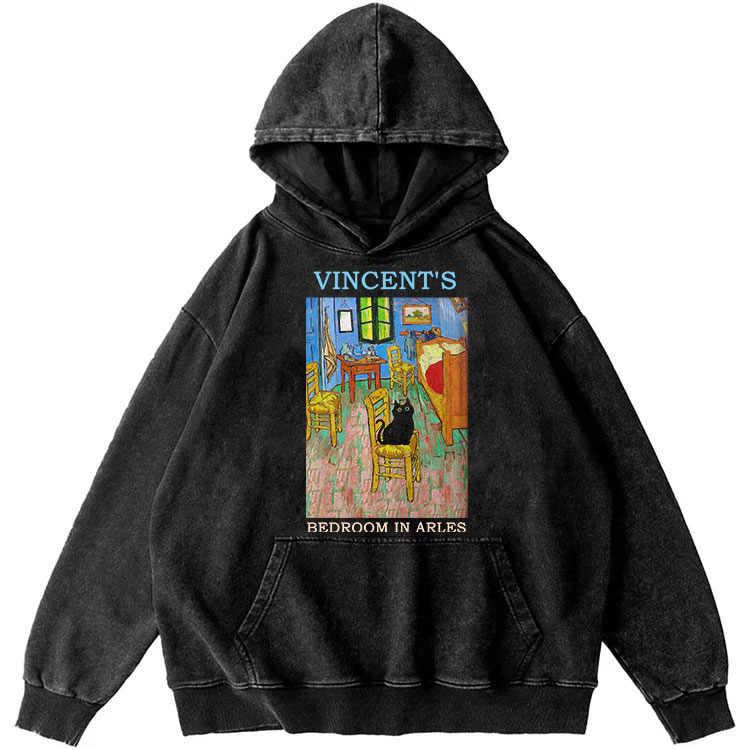 Van Gogh's Bedroom In Arles Black Cat Retro Washed Hoodide | 100% Cotton | Streetwear Essential