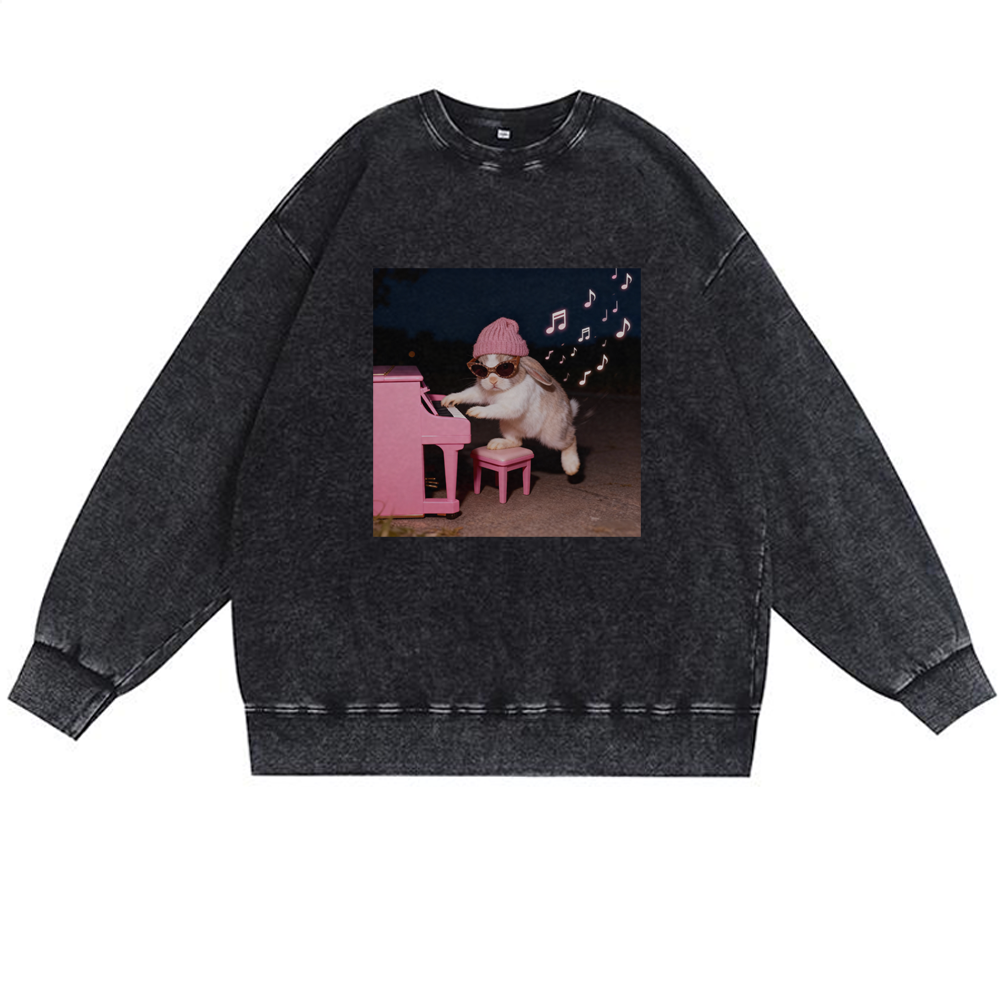 Bunny Rhythm Rabbit Retro Premium Washed Cotton Crewneck Sweatshirt