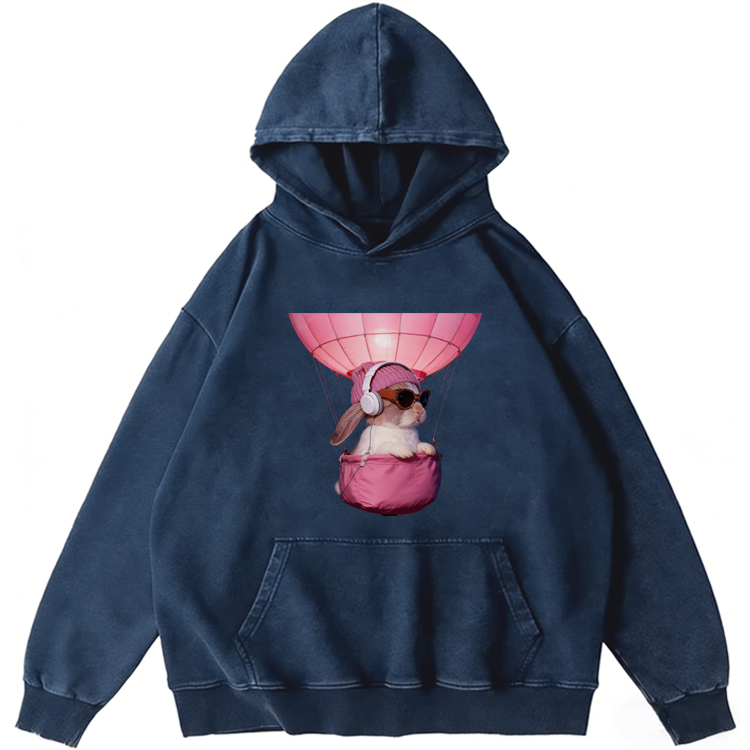 Hot Air Balloon Travel Rabbit Retro Washed Hoodide | 100% Cotton | Streetwear Essential