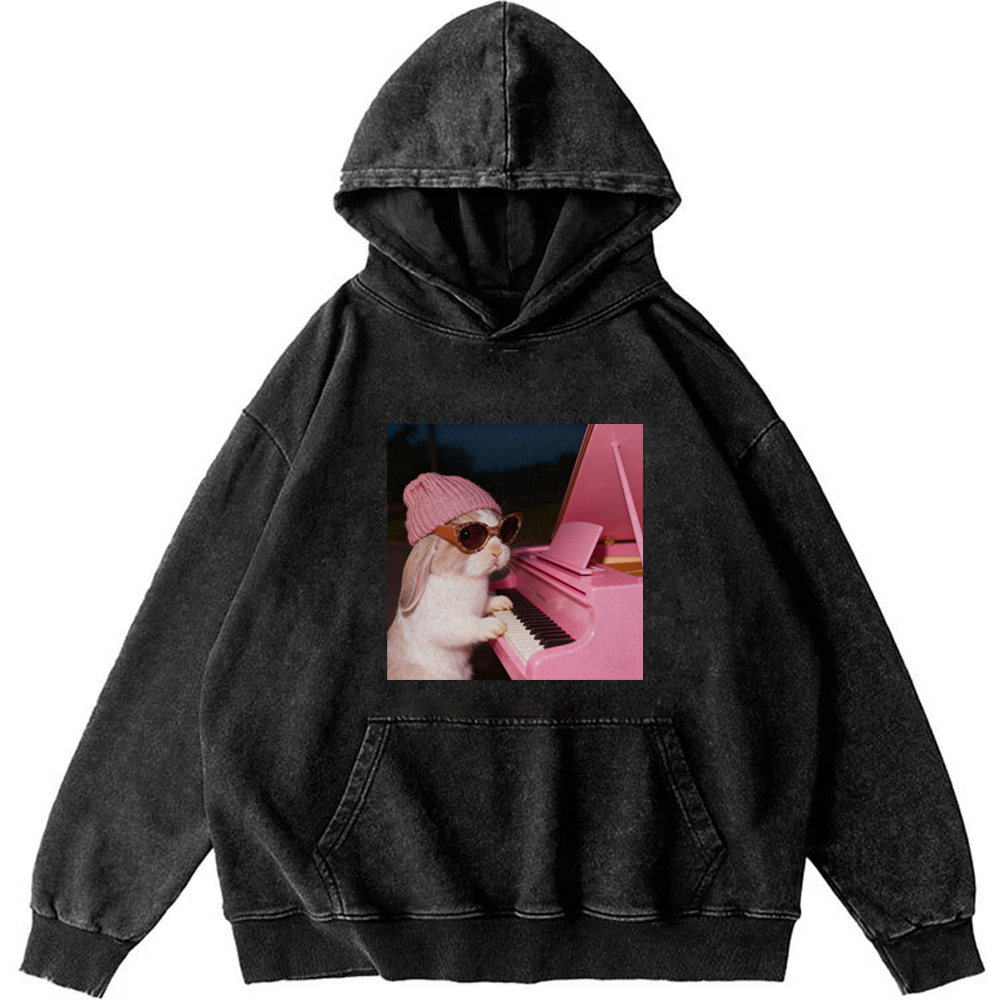 Bunny The Piano Rabbit Retro Washed Hoodie