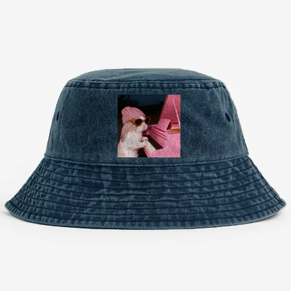 Bunny The Piano Rabbit Retro Vintage Washed Bucket Hat