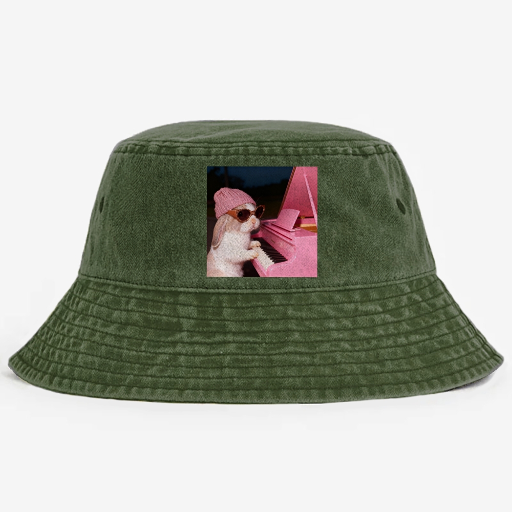 Bunny The Piano Rabbit Retro Vintage Washed Bucket Hat