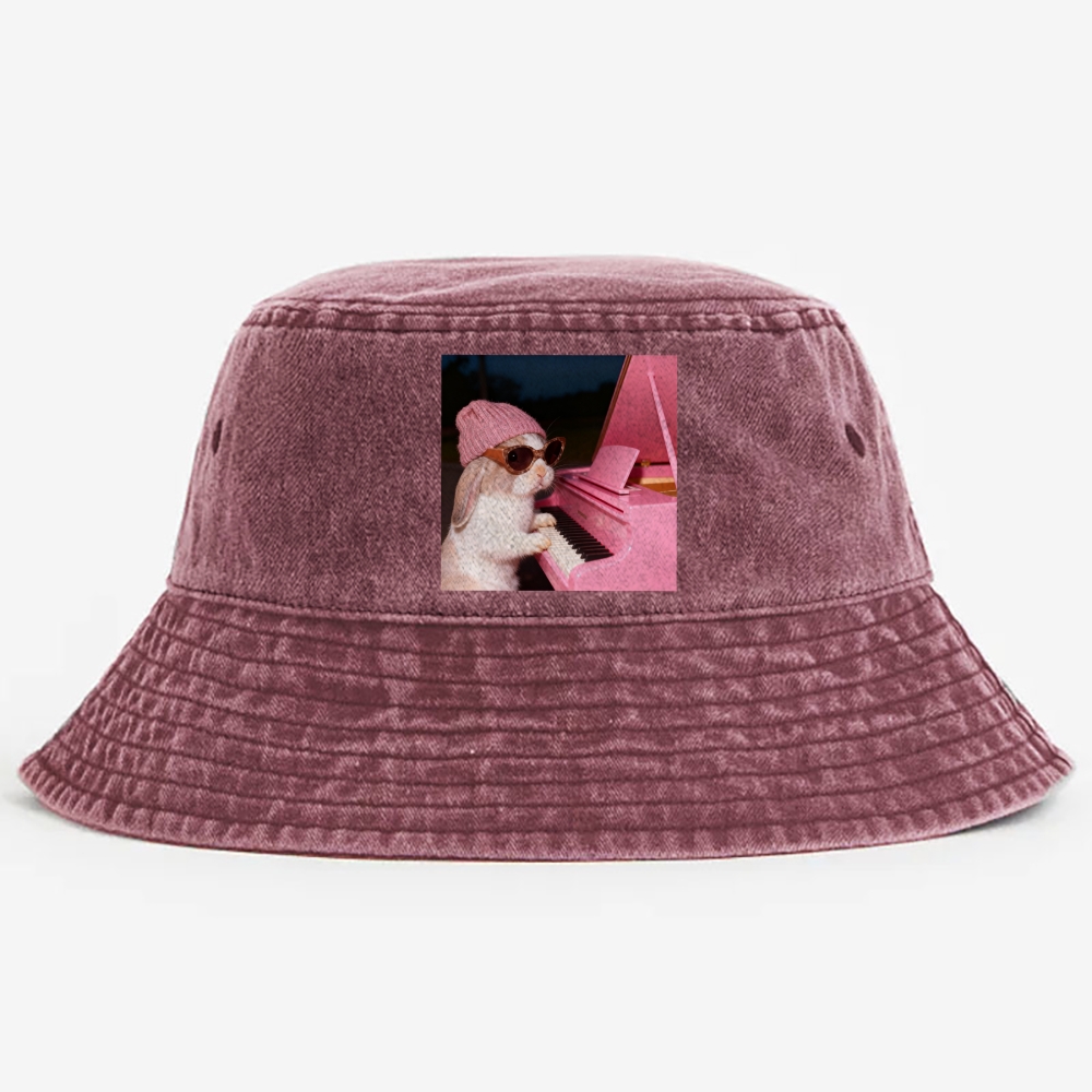 Bunny The Piano Rabbit Retro Vintage Washed Bucket Hat