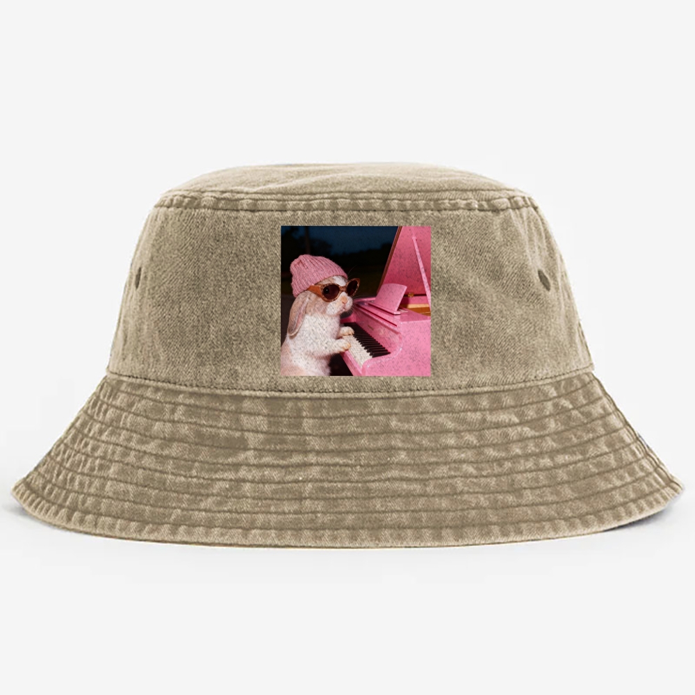 Bunny The Piano Rabbit Retro Vintage Washed Bucket Hat