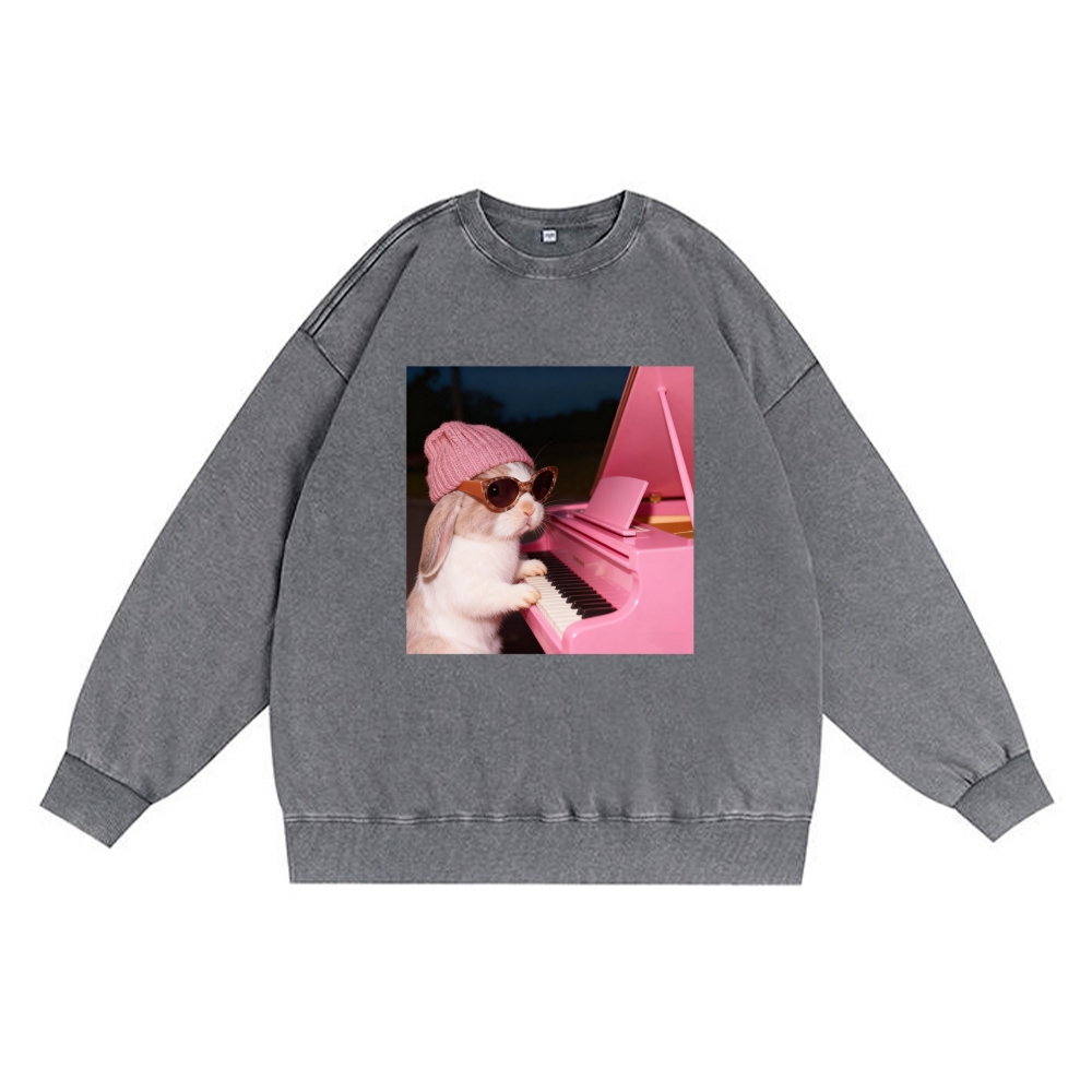 Bunny The Piano Rabbit Retro Premium Washed Cotton Crewneck Sweatshirt
