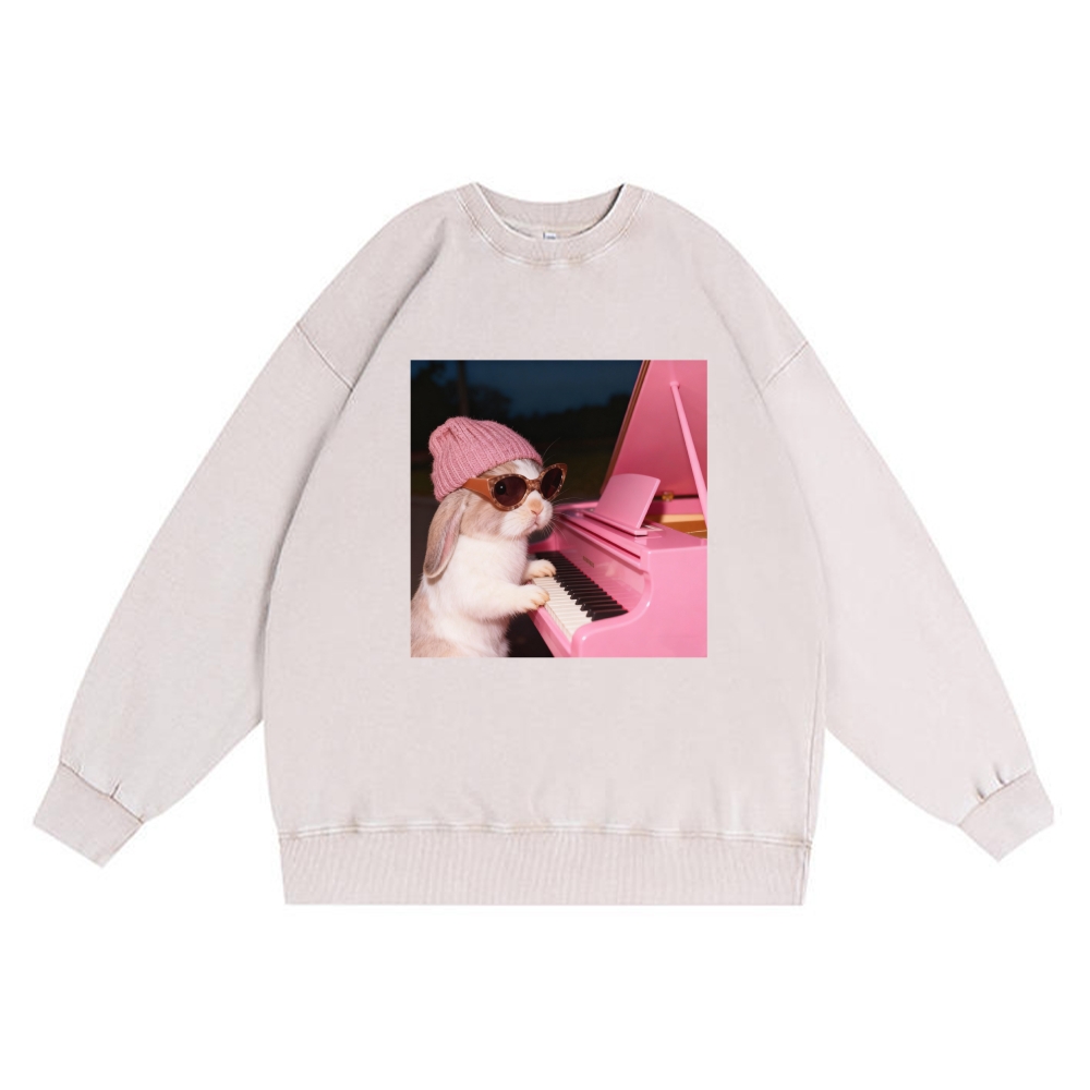 Bunny The Piano Rabbit Retro Premium Washed Cotton Crewneck Sweatshirt