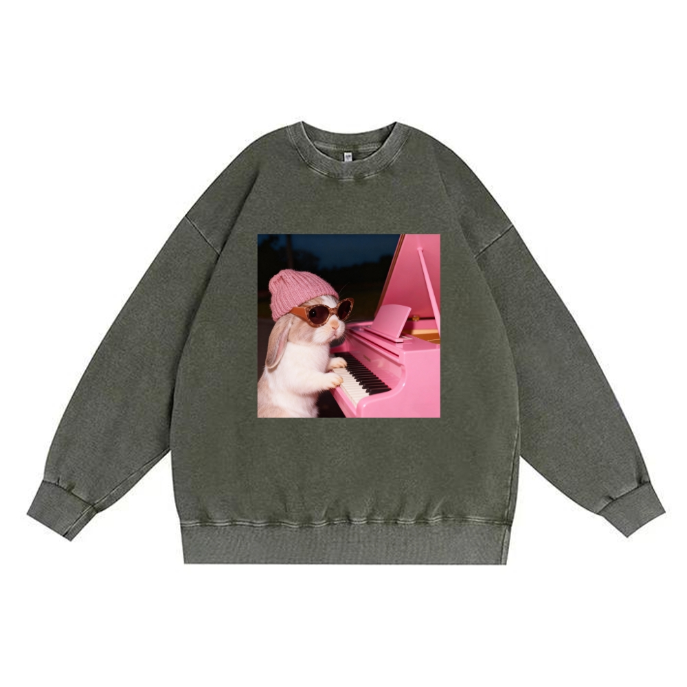 Bunny The Piano Rabbit Retro Premium Washed Cotton Crewneck Sweatshirt